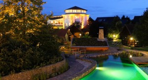 Wellness Garten mit Pool bei Nacht